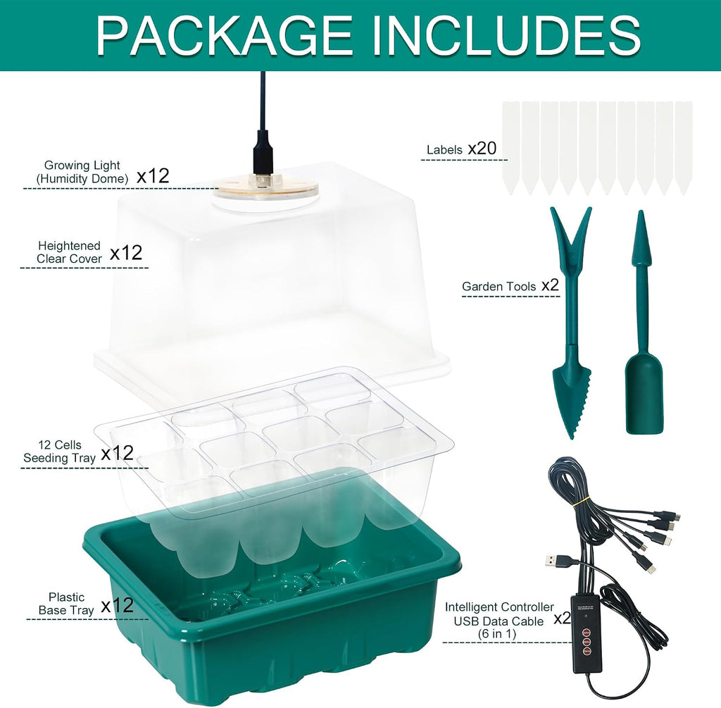 12-Set Seed Starter Tray with Grow Light, Seed Starting Trays Kits with Timing Controller Adjustable Humidity Domes