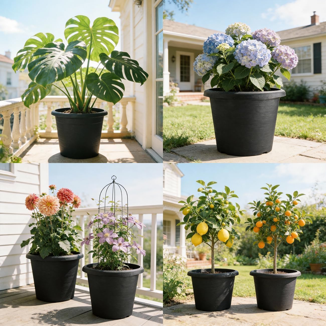 4 Pack 16 Inch Large Planters for Outdoor Plants with Drainage Holes | 16"Wx12" Tall, 30L Capacity Heavy-Duty Plastic