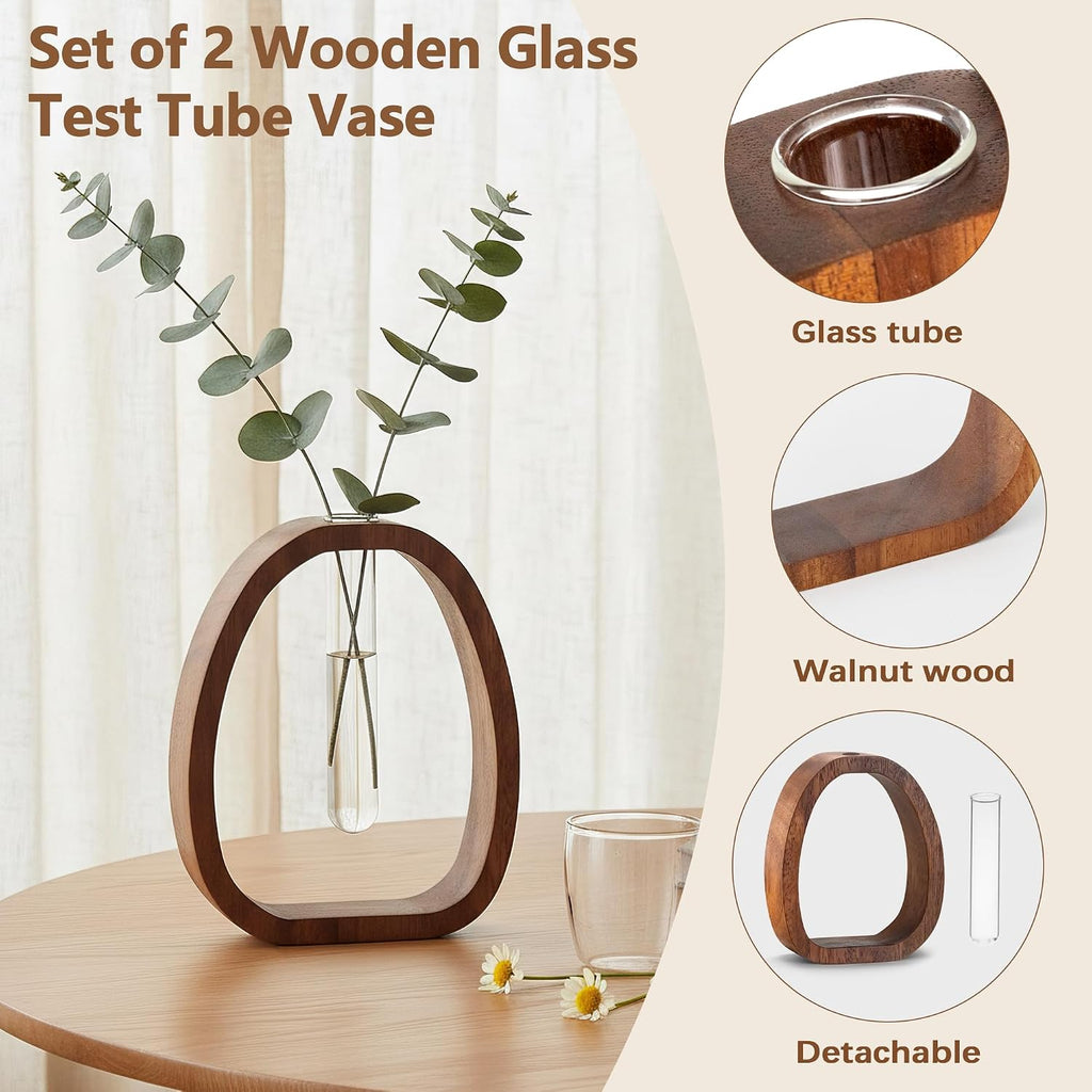 Houmury Walnut Wood Propagation Station Set of 2 Hydroponic Glass Test Tube Vases 7.5” & 5.8” for Plants Cuttings