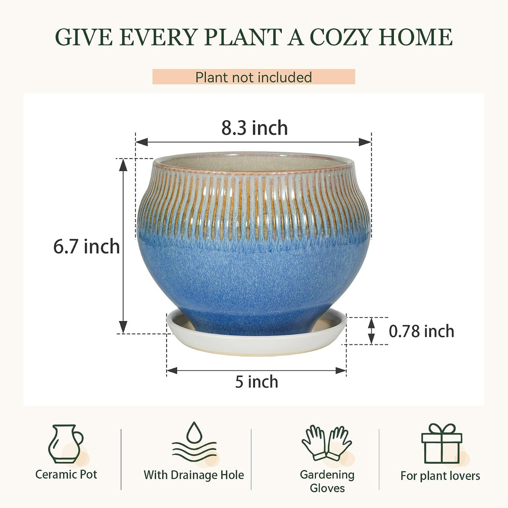 8.3 Inch Modern Ceramic Plant Pot with Drainage Hole and Mesh Net, Indoor Outdoor Planter with Saucer & Gardening