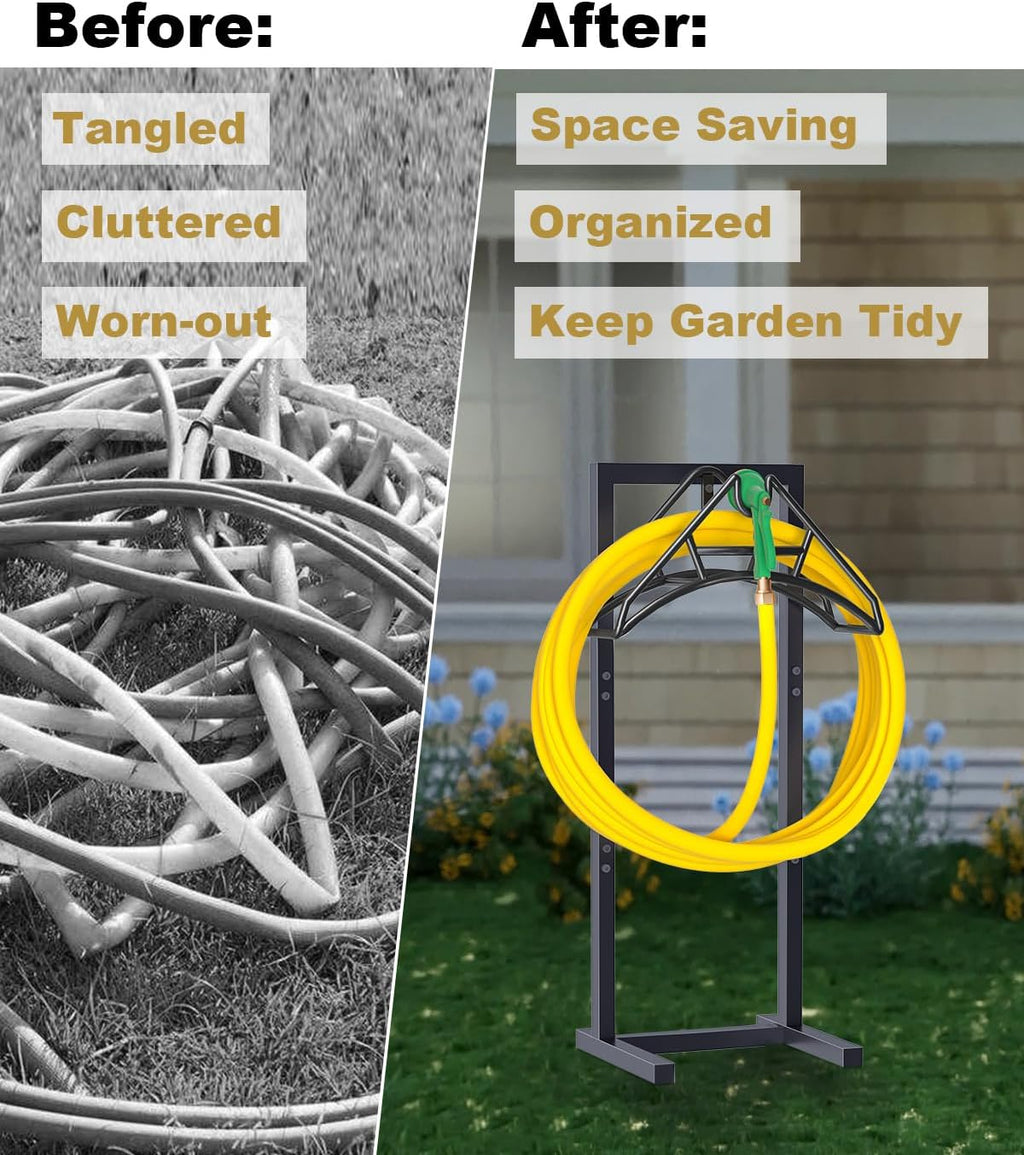 Outdoor Garden Hose Holder Freestanding with 4 Spikes, Heavy Duty Metal Water Hose Reel Stand Hanger Rack Organizer