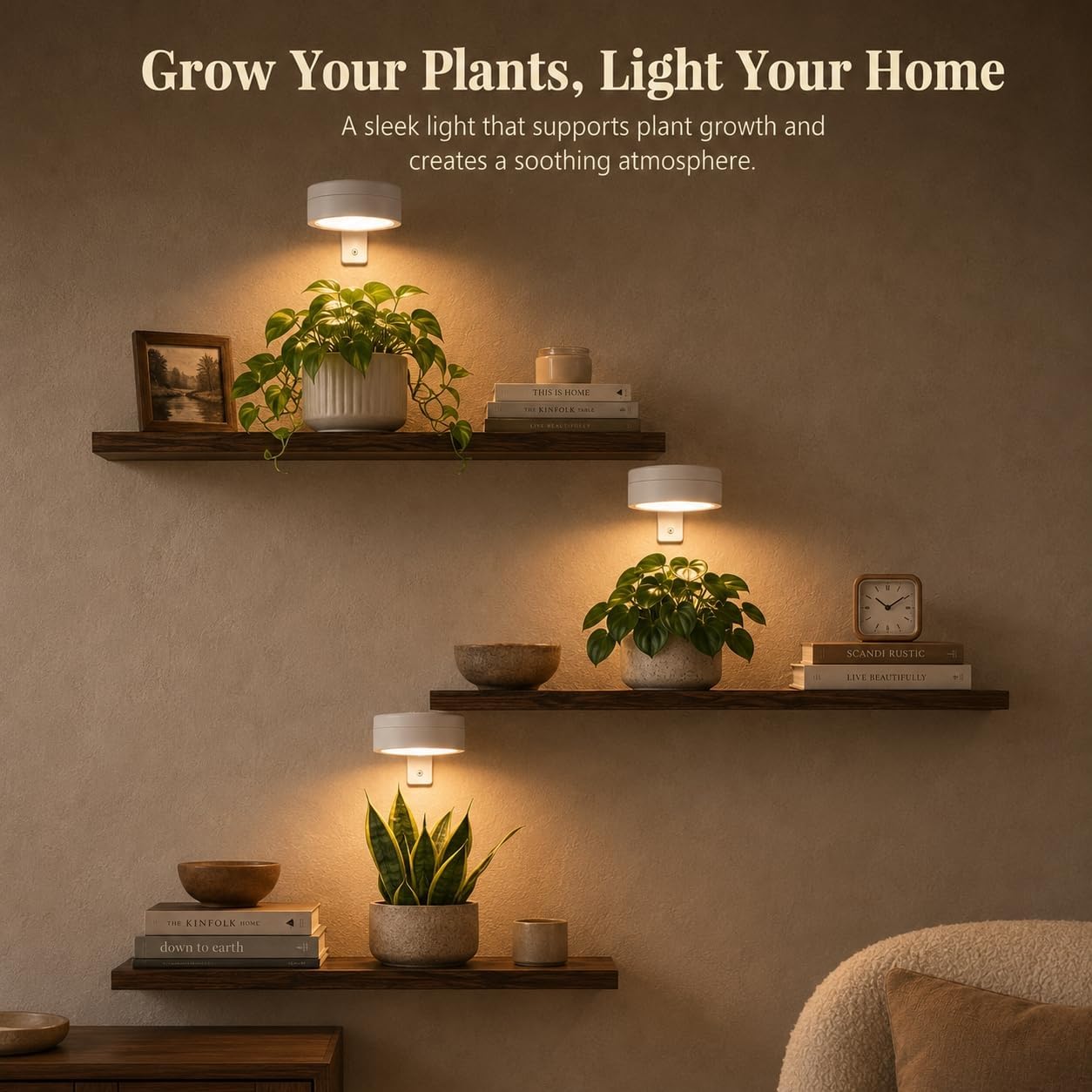 Set of 3 Floating Shelves for Wall with 3 Rechargeable Plant Grow Lights | Growing Lights with Remote Timer, Indoor