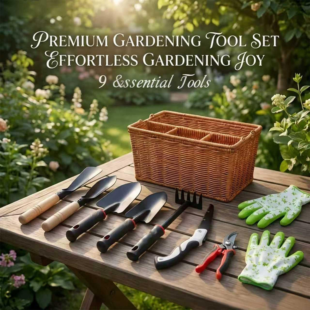Garden Tools Set, 9 Pieces, Brown | Heavy Duty Stainless Steel, Includes Basket, Pruning Shears, Gloves Included, For
