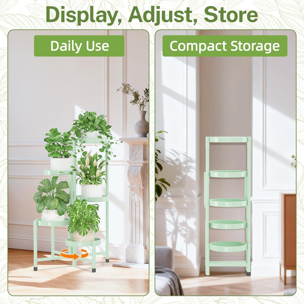 iDavosic.ly Plant Stand Indoor Outdoor, 5 Tier Metal Corner Shelf, Green | Tiered Flower Display Holder, Folding Multi