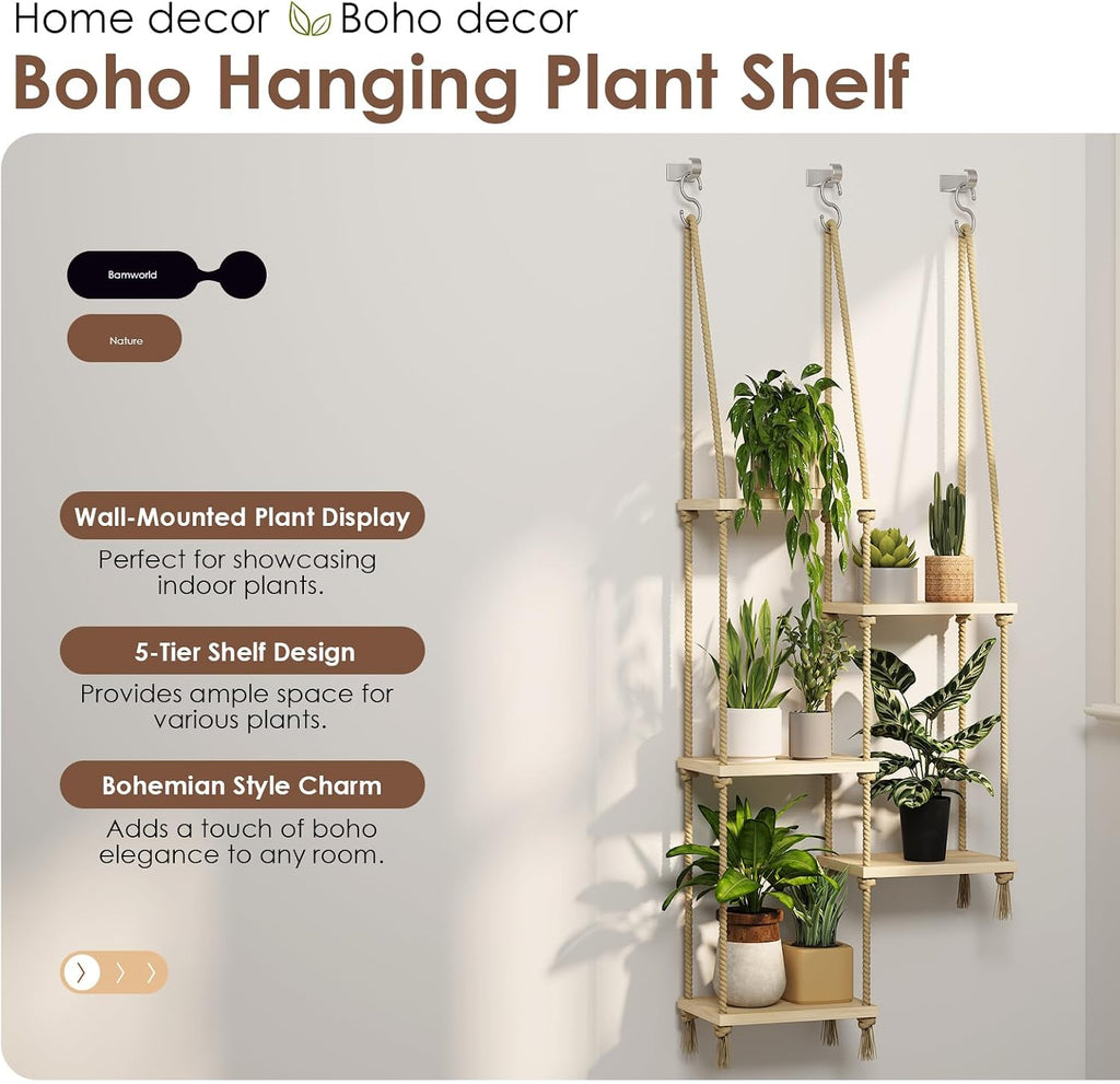 Bamworld Hanging Shelves Plant Hanger Indoor Window Plant Shelves | Wood Plant Wall Shelf Window Sill Plant Shelf