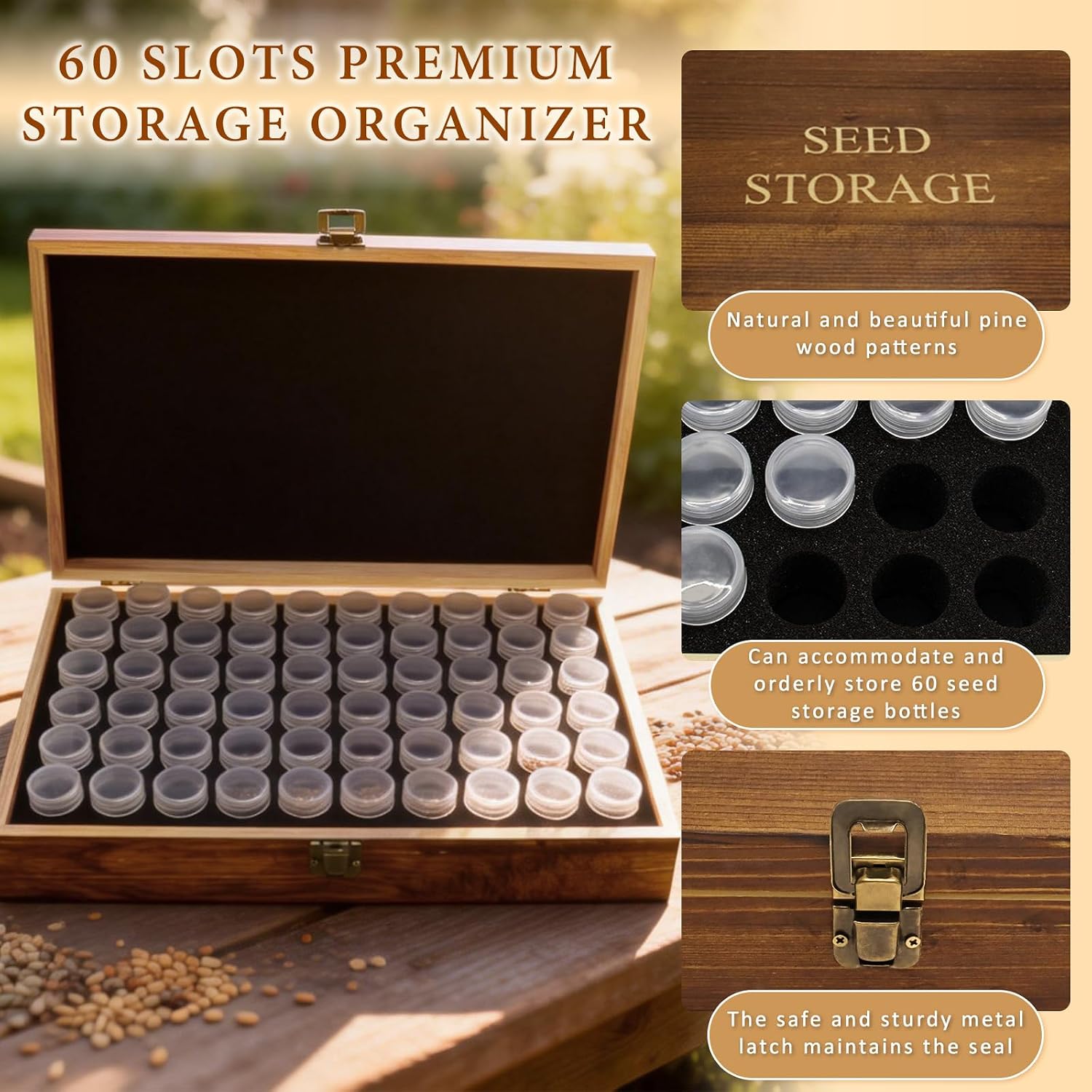 Seed Storage Organizer,60 Slots Pine Wood Seed Storage Box,Portable Seed Saving Box with 230 Labels,Seed