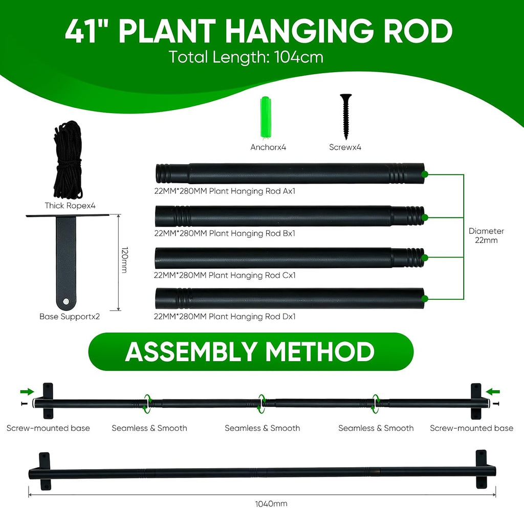 Window Plant Hanger with 4 Pots, 40 Inch Adjustable Hanging Planters for Indoor Plants, Metal Wall/Ceiling Plant Rod