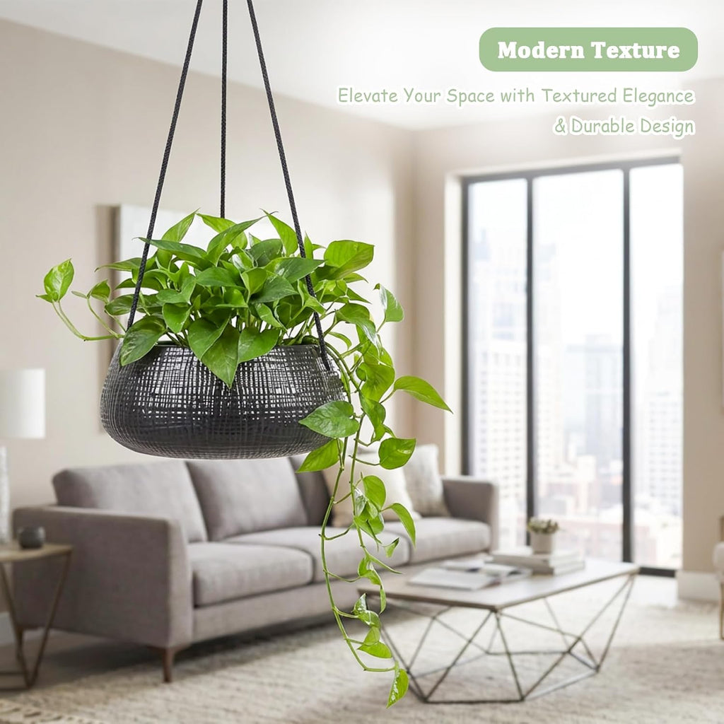 8 Inch Hanging Planter for Indoor Plant, Ceramic Black Flower Pot | Modern Textured Design, Drainage Hole, for Indoor