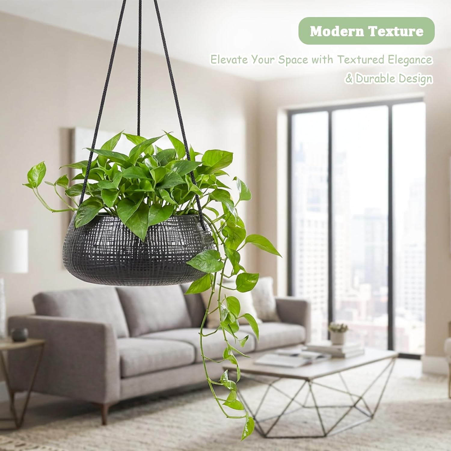 8 Inch Hanging Planter for Indoor Plant, Ceramic Black Flower Pot | Modern Textured Design, Drainage Hole, for Indoor