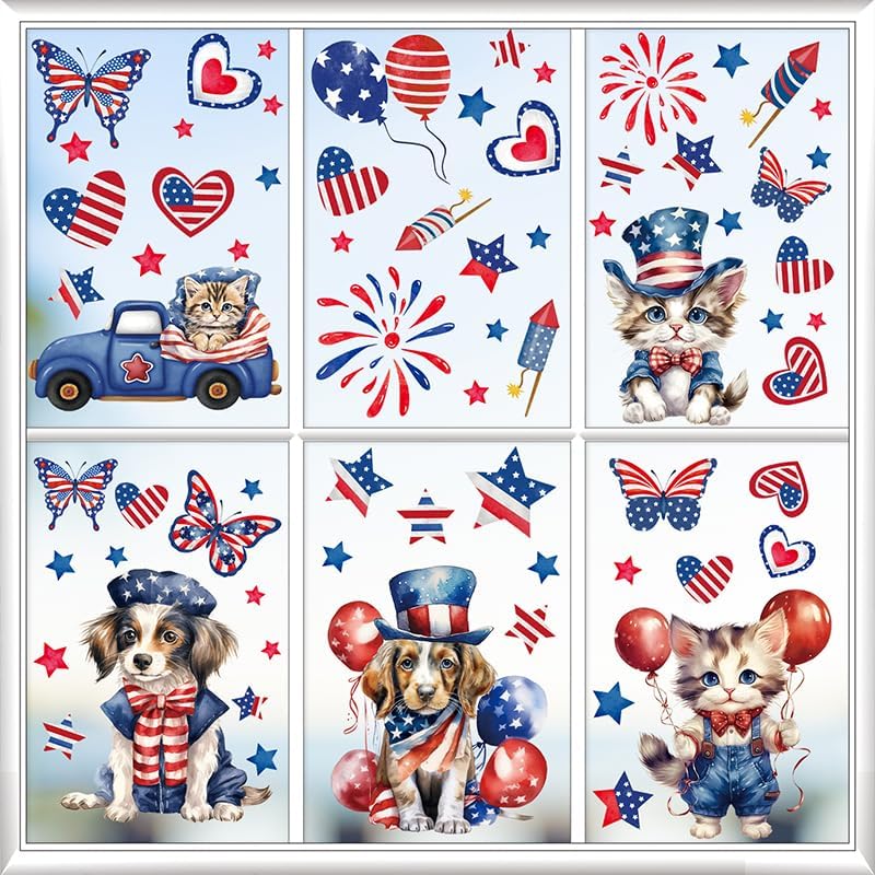 AhfuLife USA 4th of July Window Clings for 250 Years Anniversary, 9 Sheets America Patriotic Themed Window Stickers for Independence Day, Home Office Party Decorations(Style A)