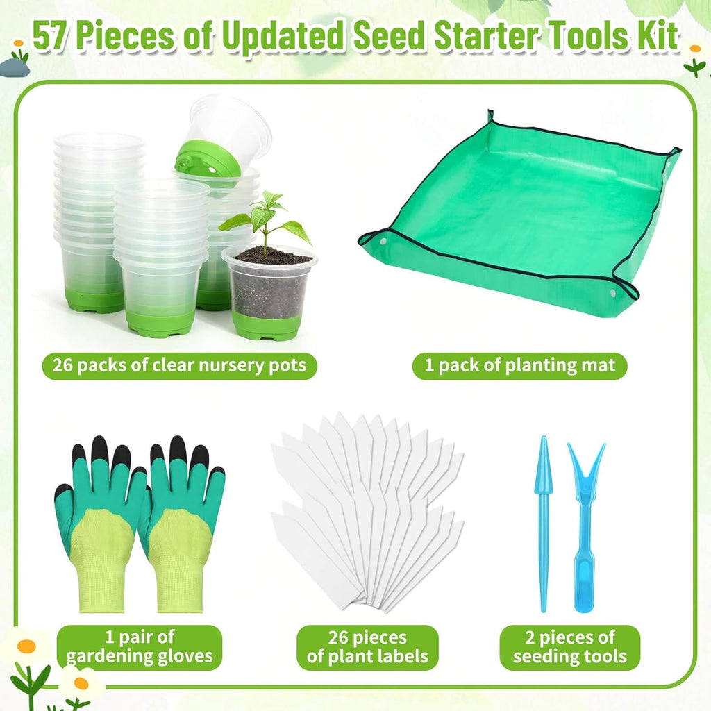 Caffox 57PCS Reusable Seed Starter Kit Includes 26 Packs 4" Clear Nursery Pots with Silicone Base, Repotting Mat