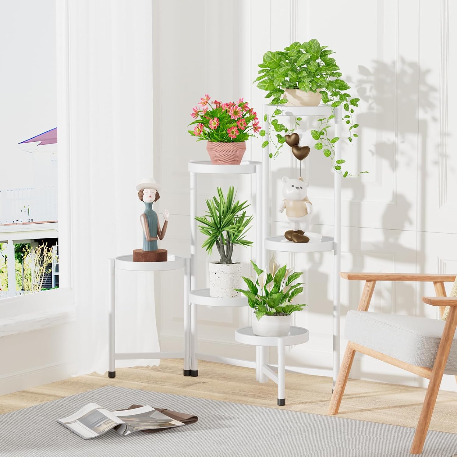 iDavosic.ly Plant Stand Indoor Outdoor, 6 Tier Metal Corner Shelf, White | Tiered Flower Display Holder, Folding Multi