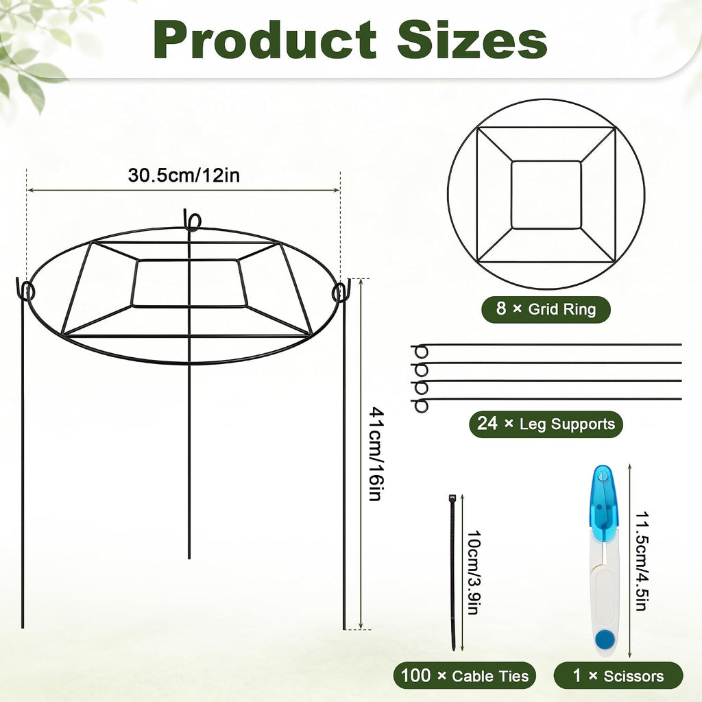 8 Pack Peony Cages and Supports with 100 Cable Ties and a Pair of Scissors | 12" D x 16" H Heavy Duty Metal Plant