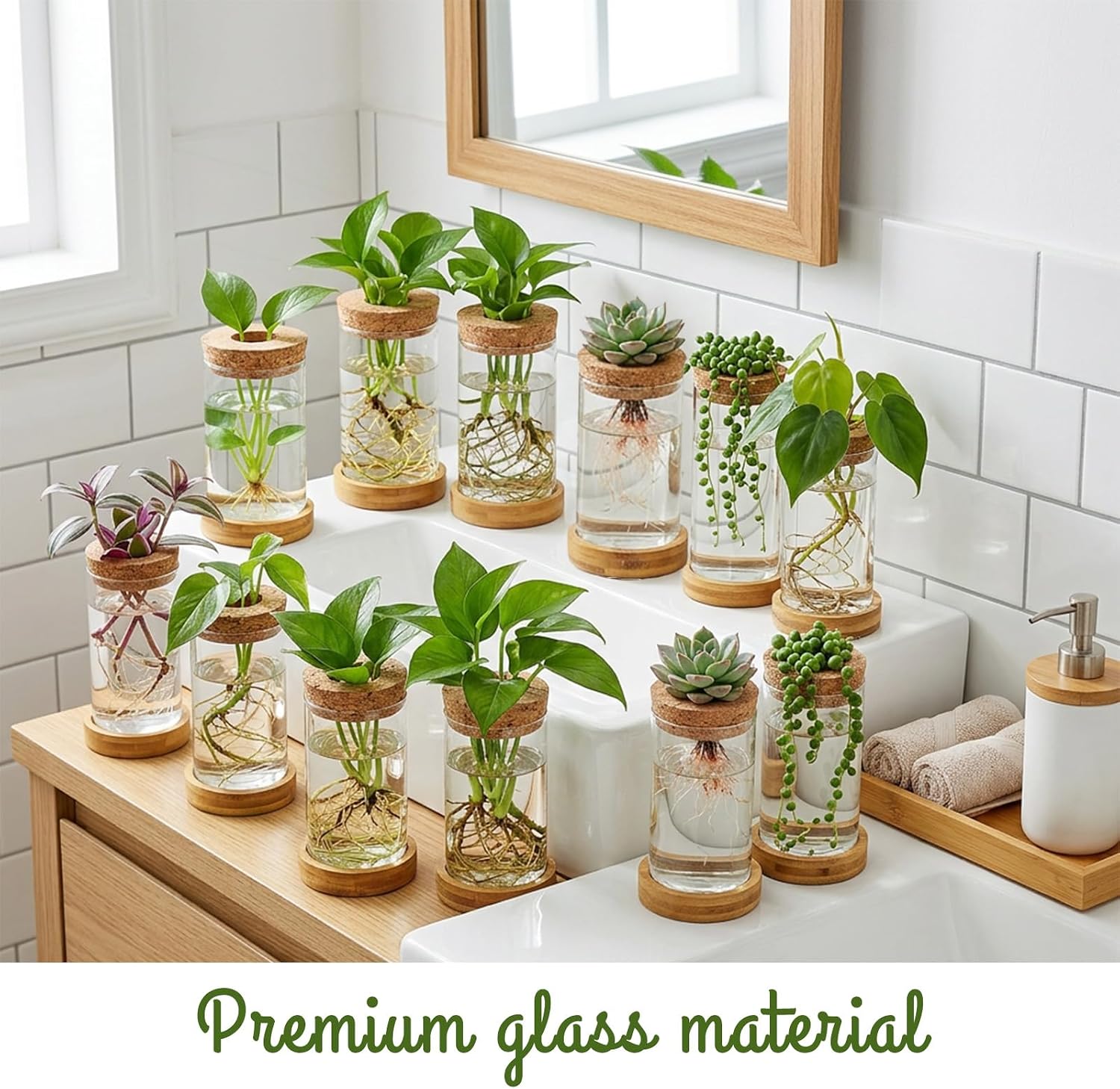 16 Pcs Propagation Vases with Bamboo Stand and Hole Lid, Glass Plant Propagation for Plants Water Hydroponic Desktop