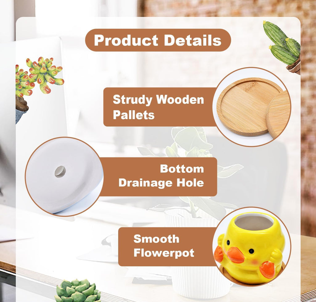 Photken 6 Pack Ceramic Succulent Pots with Drainage – Small Animal Planters with Bamboo Trays for Cactus & Indoor