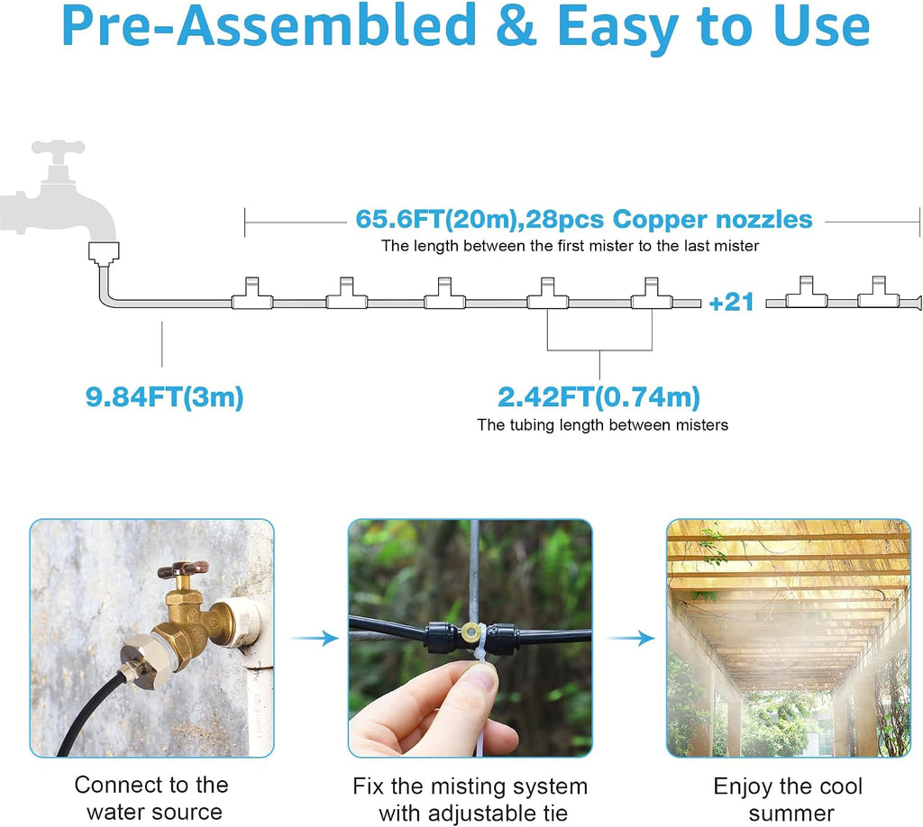 75FT Misters for Outside Patio, 28 Brass Nozzles, 3/4 Inch Adapter | 23M Outdoor Misting System for Patios, Gardens &