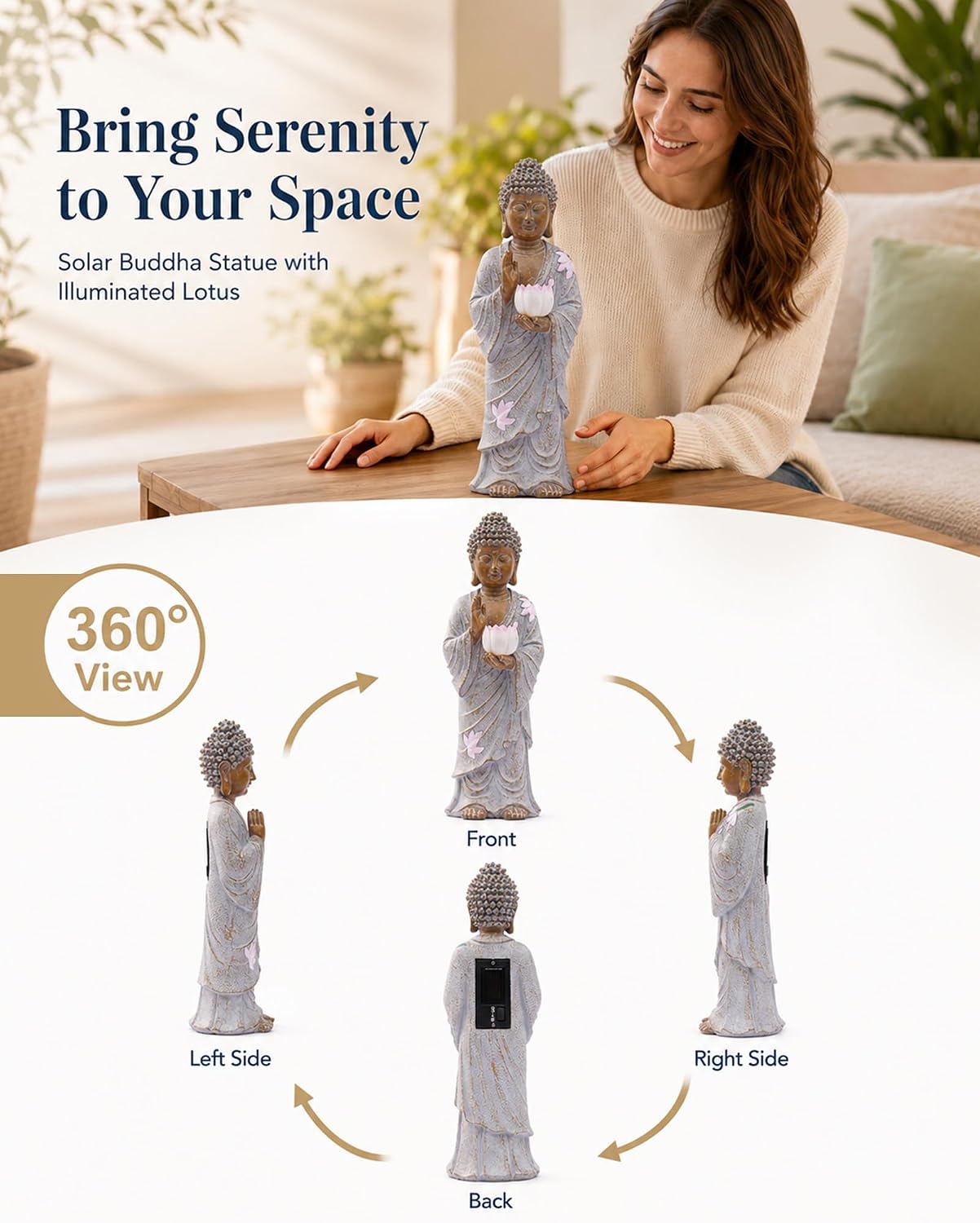 Solar Buddha Garden Statue Decor: Standing Figurine with Lotus Light | 11-Inch White Zen Sculpture, Patio Lawn Yard