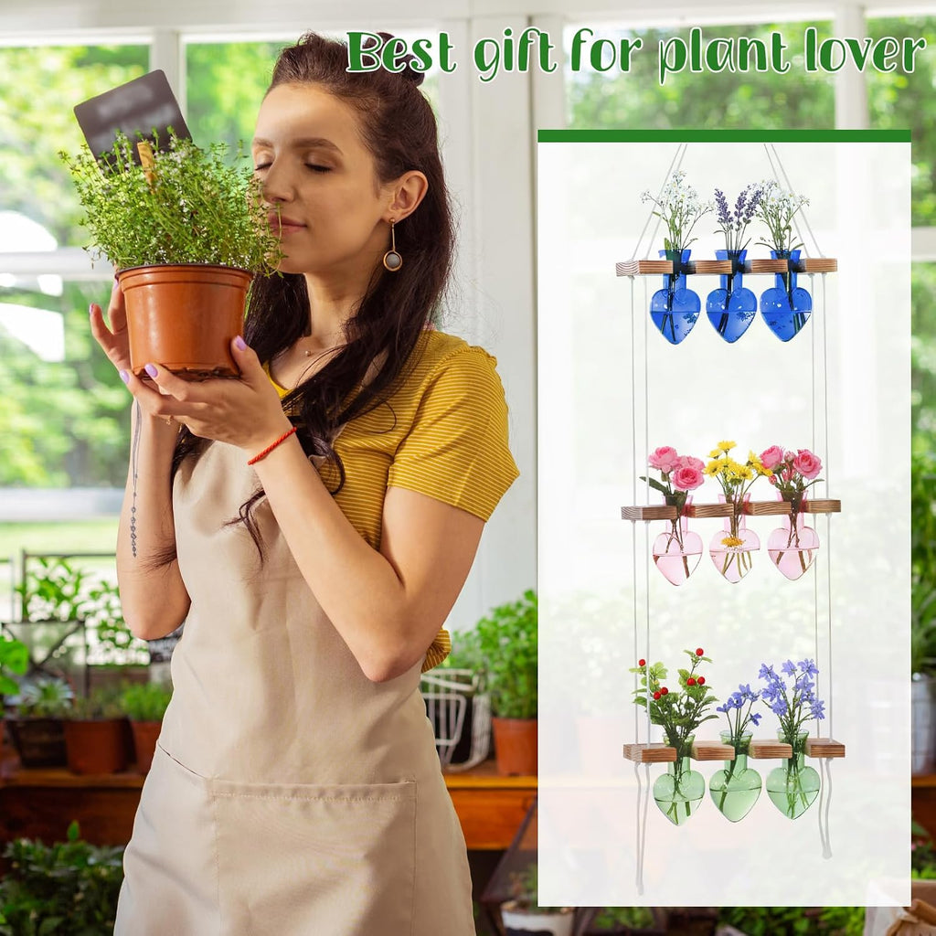 Leinuosen Wall Hanging Plant Propagation Stations Mother Gifts for Her Plant Lovers 3 Tiered 9 Heart Shaped Glass Vases