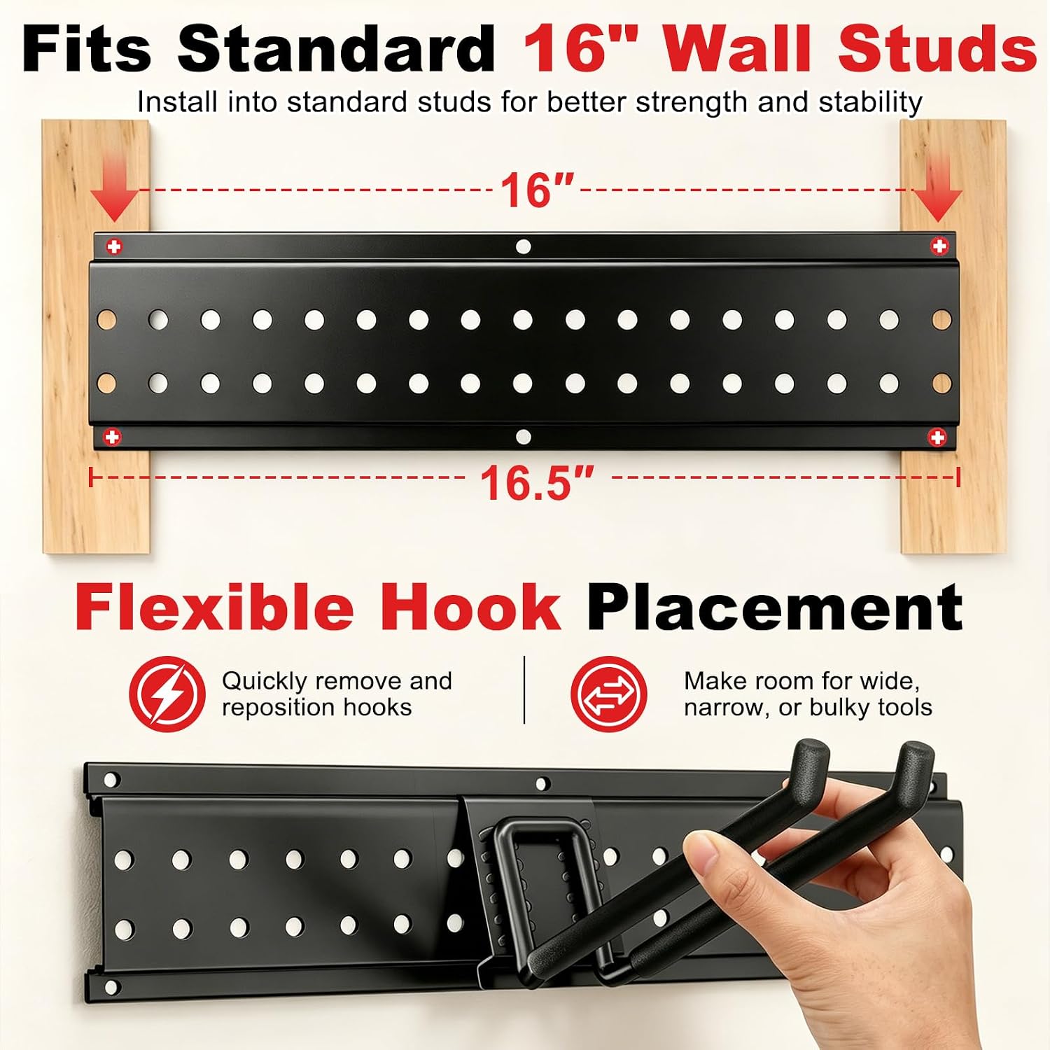 Garage Tool Organizer Wall Mount 49.5 inches with 10 Adjustable Heavy-Duty Hooks, Garage Organization, Garden Tool