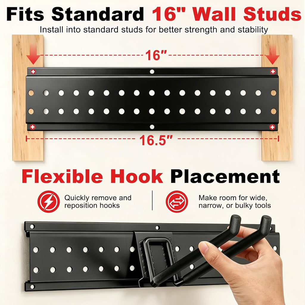 Garage Tool Organizer Wall Mount 66 inches with 13 Adjustable Heavy-Duty Hooks, Garage Organization, Garden Tool