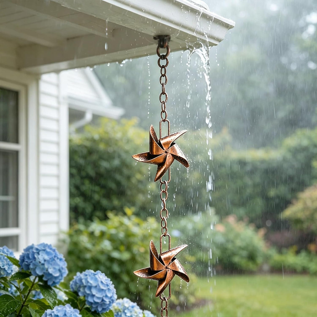 6 FT Rain Chain with 6 Windmill Cups Outdoor Gutter Downspout Decor | Rain Chains for Gutters, Windmill Rain Catcher