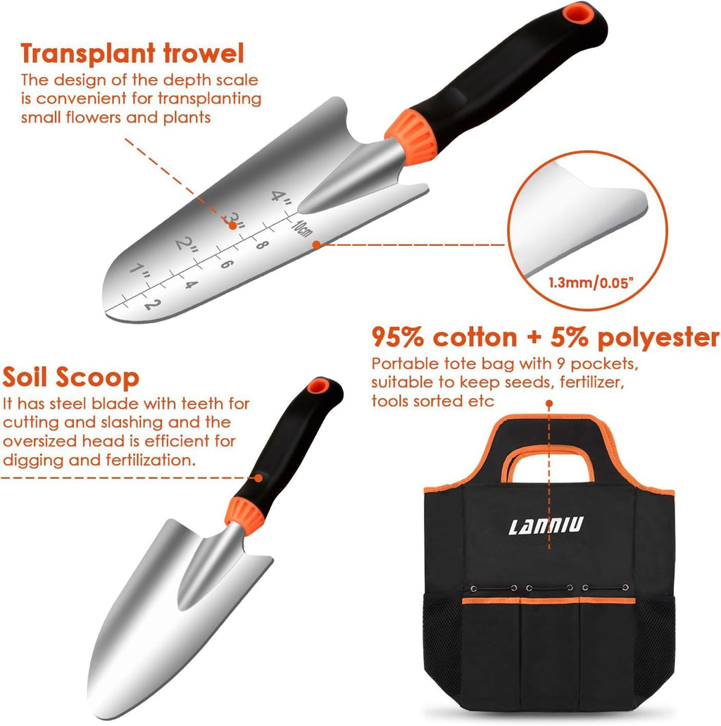 9 Piece Garden Tool Set | Heavy Duty Stainless Steel, Ergonomic Non-Slip Rubber Handles, Pruning Shears, Trowel, 600D