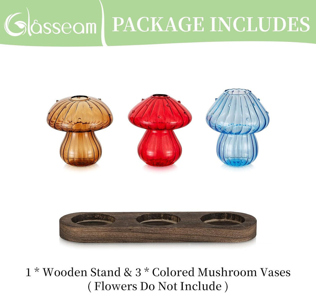 Glasseam 3Pcs Mushroom Propagation Station: Glass Terrarium Jar for Plants | With Wood Stand, Colorful Handmade
