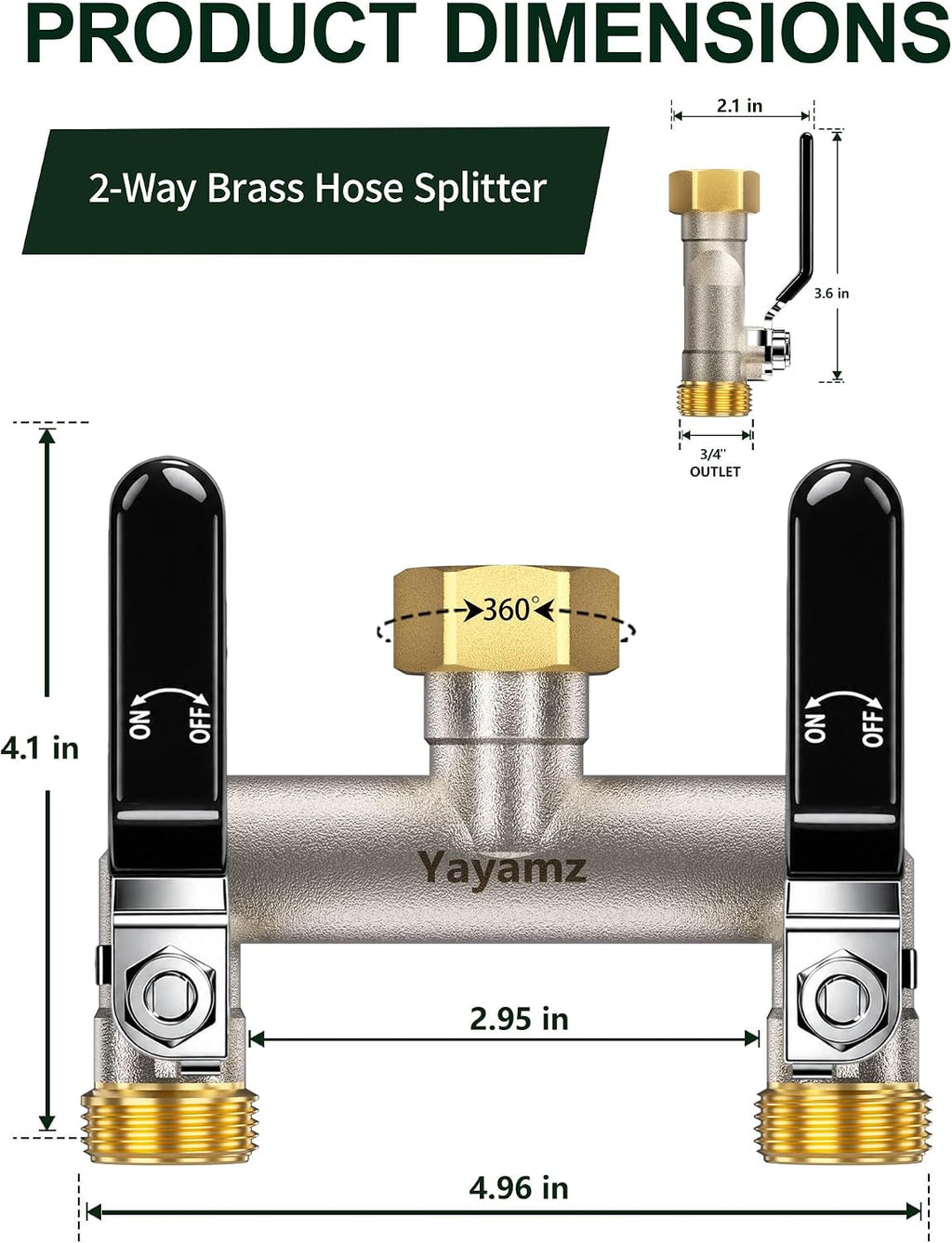 2 Way Garden Hose Splitter, 3/4" GHT Outdoor Faucet Splitter | Heavy-duty Solid Brass Body, Easy-turn Handles &