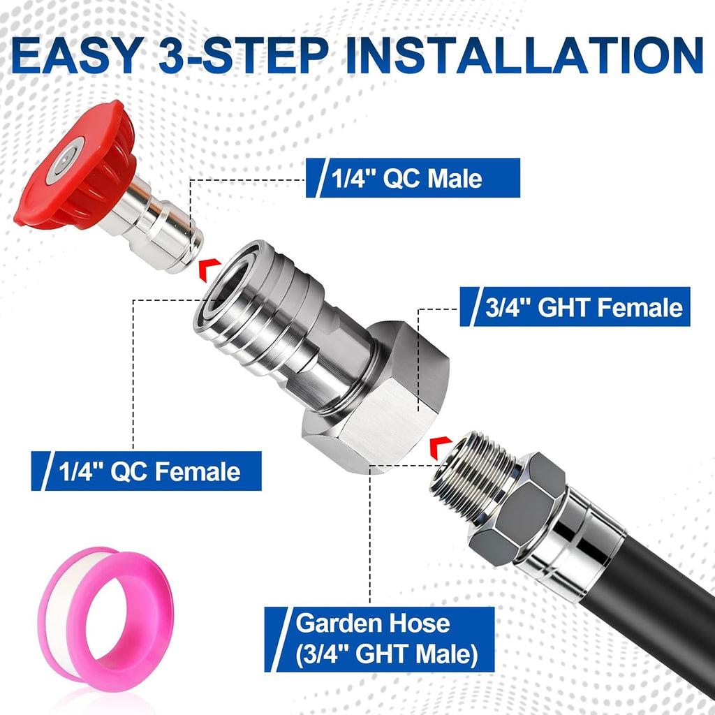 2PCS Garden Hose to Pressure Washer Adapter, 3/4" GHT Male to 1/4" Quick Connect, Stainless Steel Pressure Washer Hose