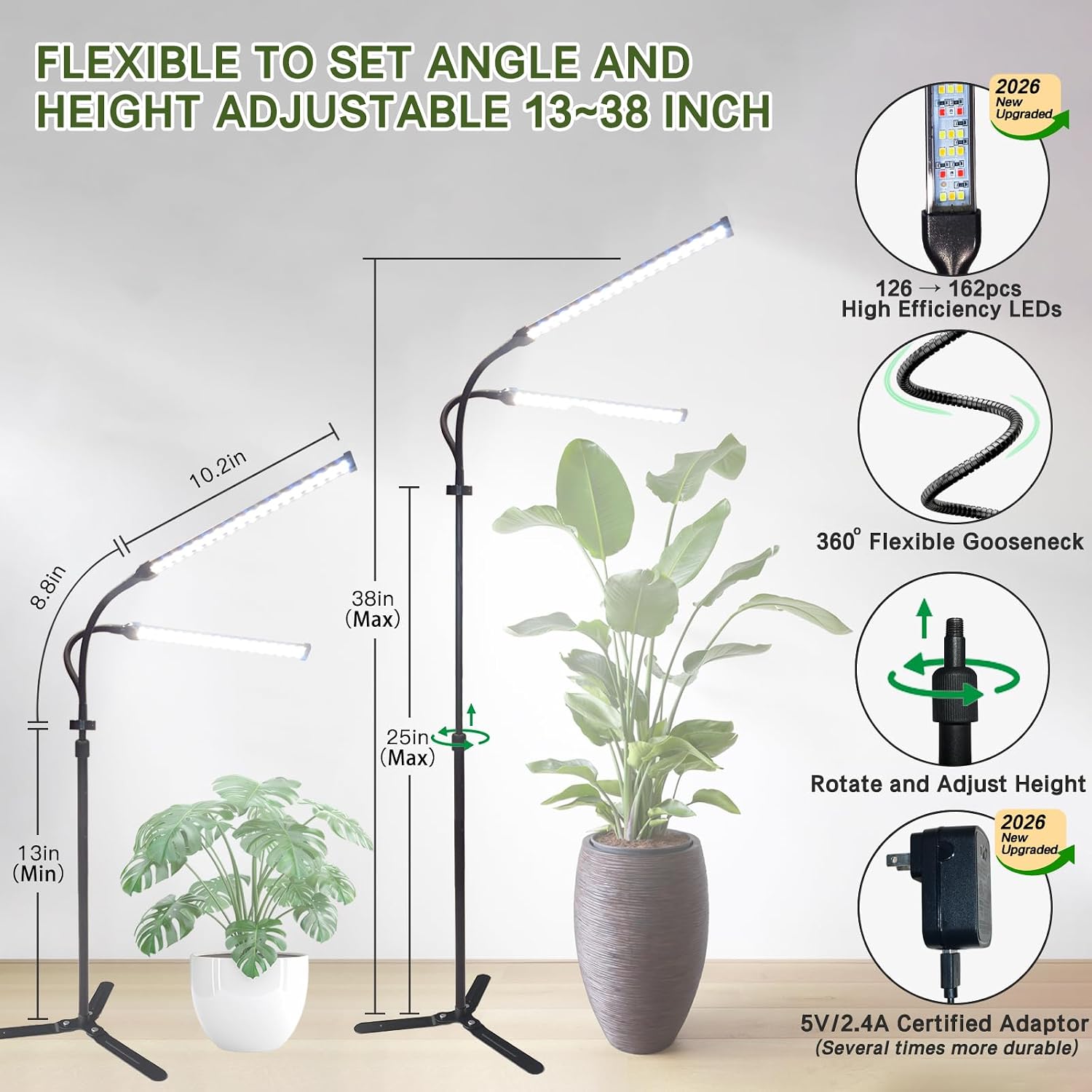Professional Grow Lights for Indoor Plants Growing, Full Spectrum | 2026 Upgrade,162 LEDs, Height Adjustable 13-38", 3