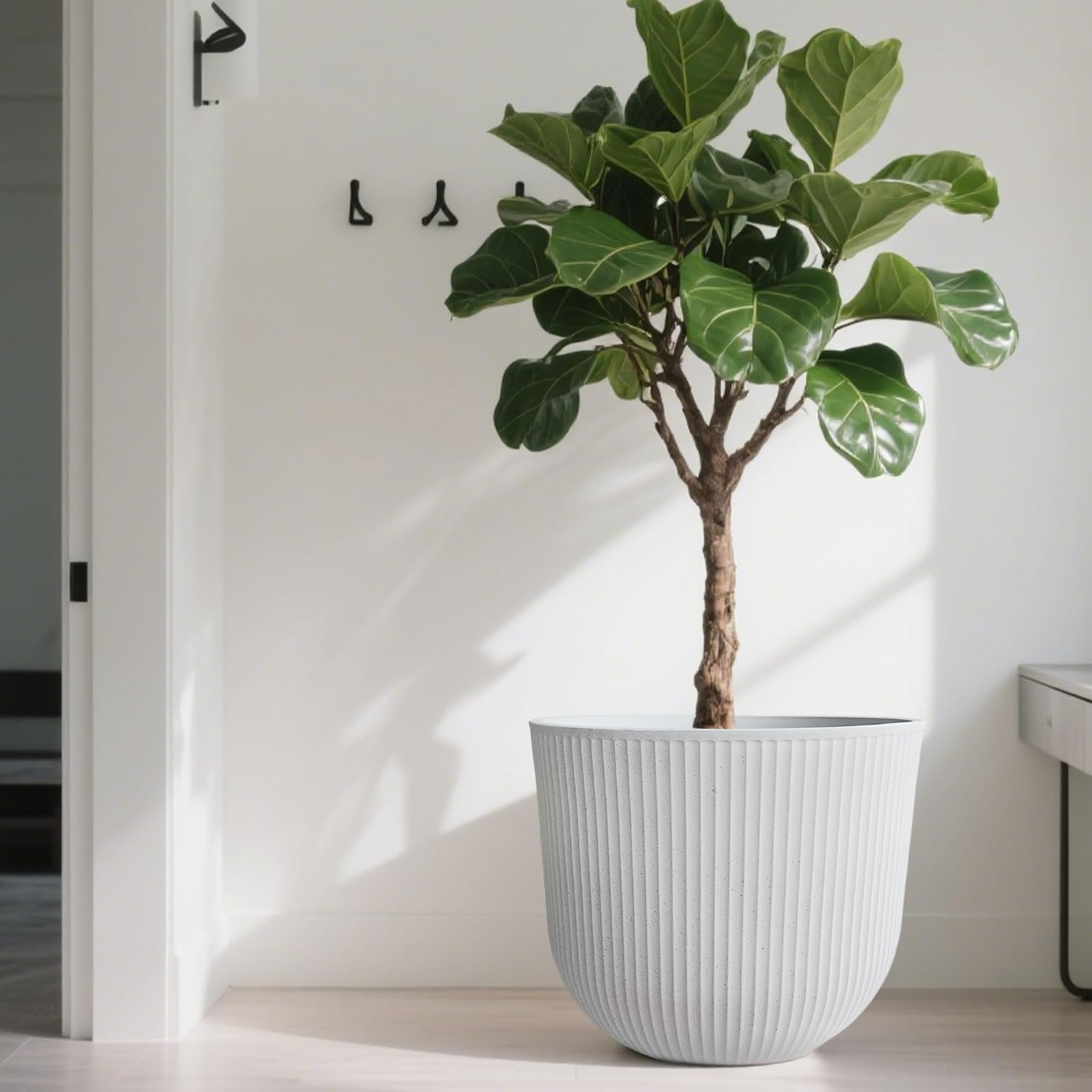 Worth Garden Round Large Planter Pot Set of 2-17.5" Dia x 15.5" H - Durable Plastic White Plant Tree Pots with Vertical