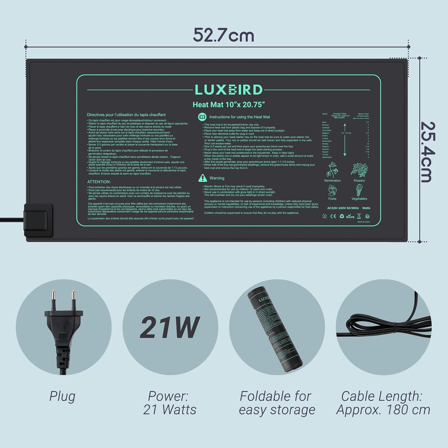 LUXBIRD 2 Pack Seedling Heating Mat for Seed Starting, 10”x 20.75” Durable Waterproof Warm Hydroponic Heating Pad for