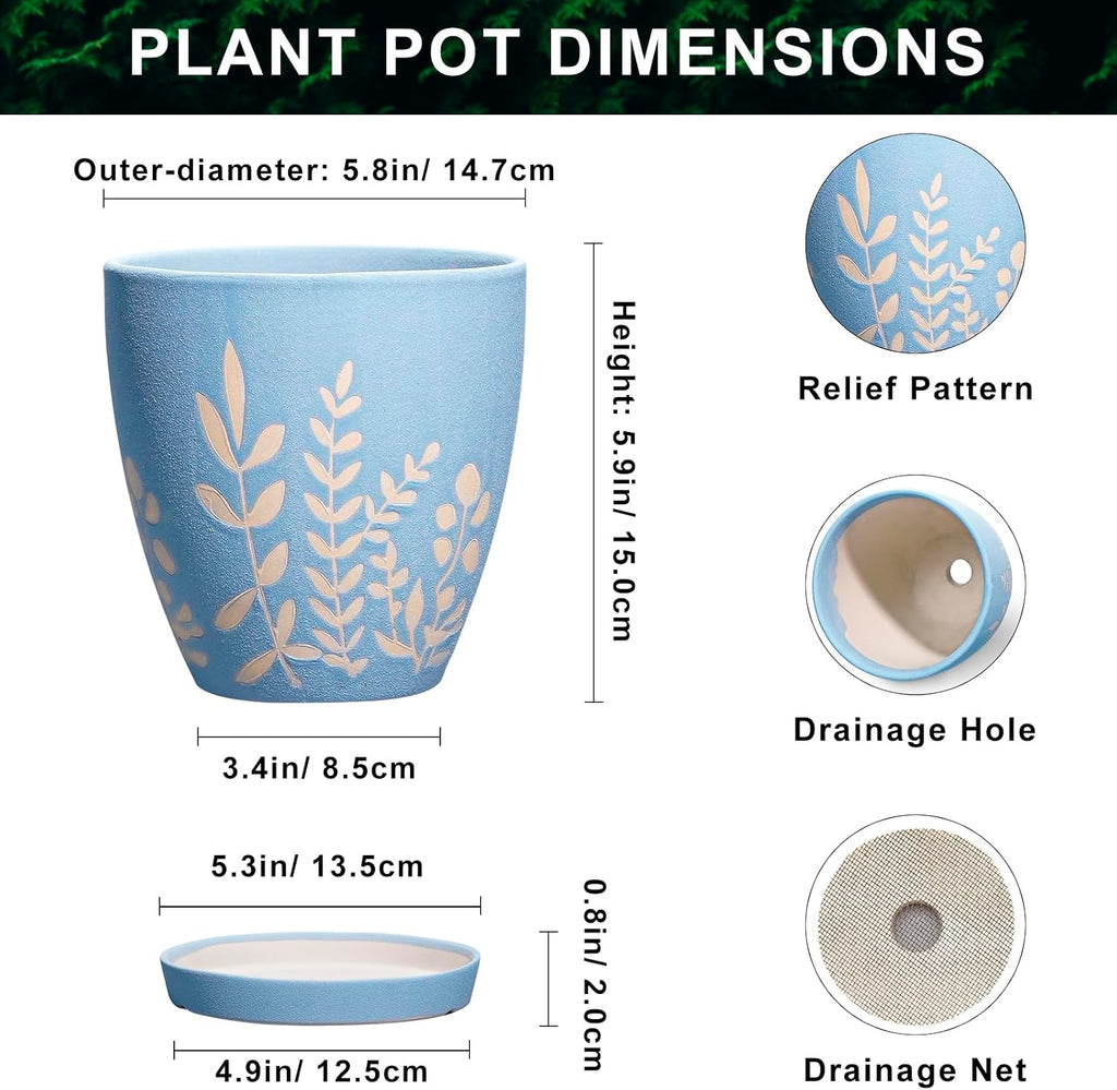 6 Inch Ceramic Plant Pot with Saucer - Small Flower Pot with Drainage for Succulents & Herbs, Boho Desk Home Office