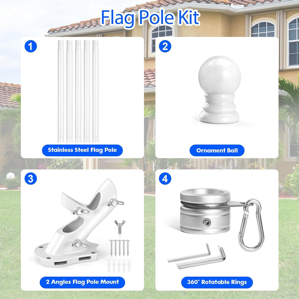 Anovo Flag Pole Kit- Upgraded Holder, Stainless Steel 6 FT Flag Poles with1 Inch Metal 360° Rotating Flag Pole Rings