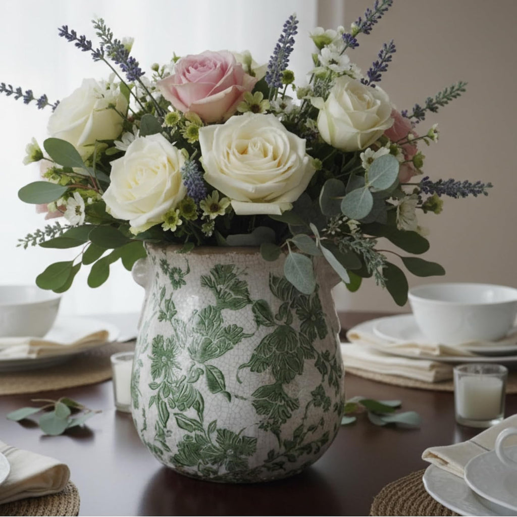 Vintage Green and White Ceramic Floral Vase Planter, Rustic Crackle Glaze Pottery Jar, Hand-Painted Floral Pot Design