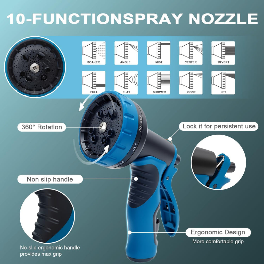 Garden Hose 50ft, Non-Expanding Water Hose Ultra Lightweight, Kink-Free Flexible Hose with 10-Pattern Nozzle, Durable &