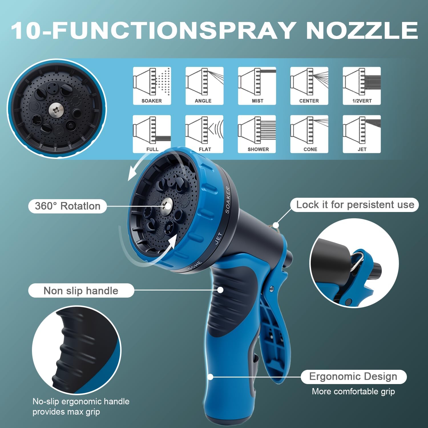 Garden Hose 50ft, Non-Expanding Water Hose Ultra Lightweight, Kink-Free Flexible Hose with 10-Pattern Nozzle, Durable &