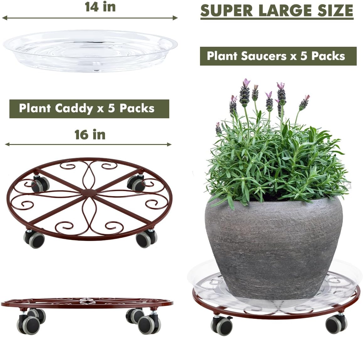 5 Pack Plant Caddy with Wheels Heavy Duty 16 Inch Large Metal Plant Stand with Wheels Plant dolly Rolling Plant Stand