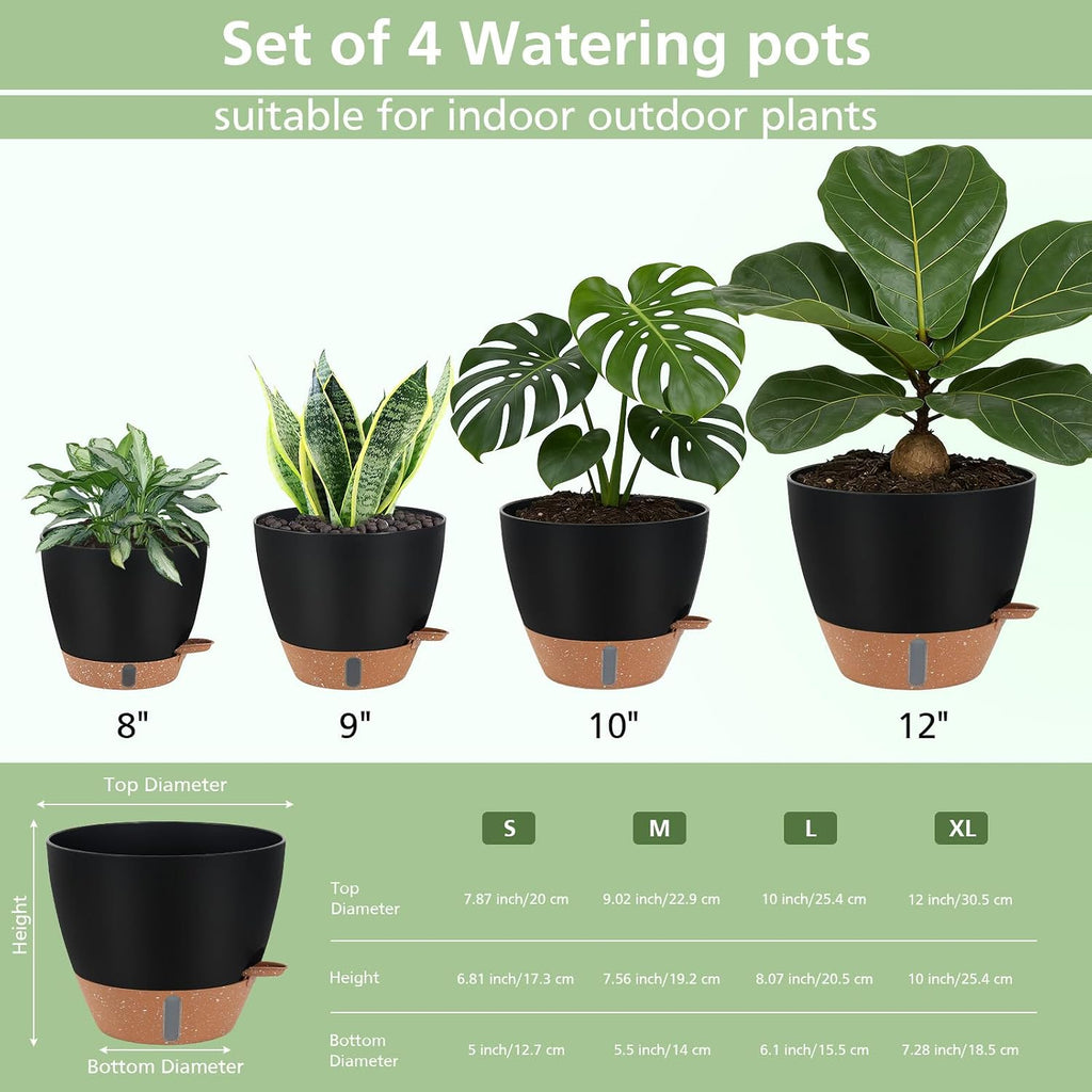 Self Watering Pots with Water Level Indicator, 12" 10" 9" 8" Large Plastic Flower Pots with Mesh Drainage Hole and