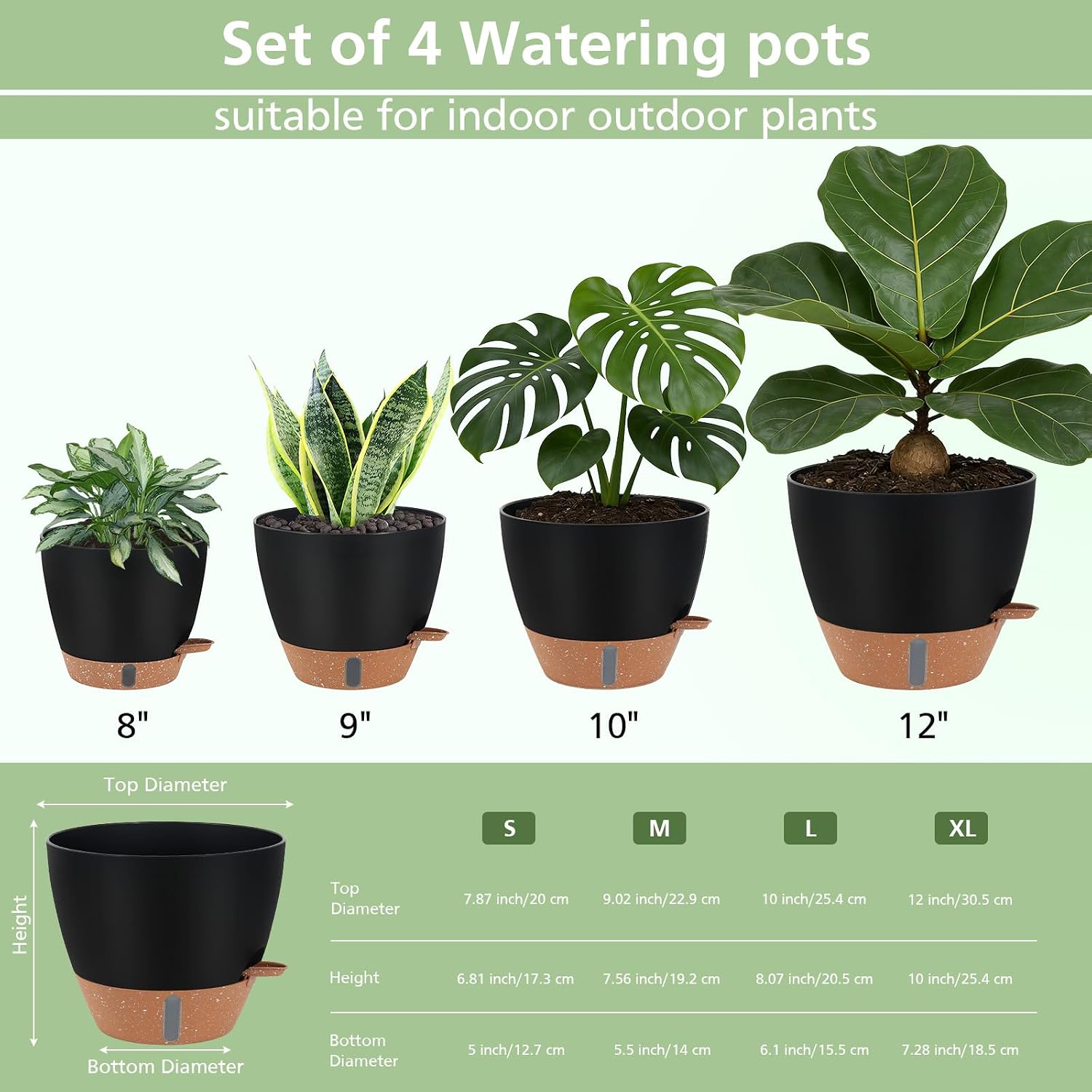Self Watering Pots with Water Level Indicator, 12" 10" 9" 8" Large Plastic Flower Pots with Mesh Drainage Hole and
