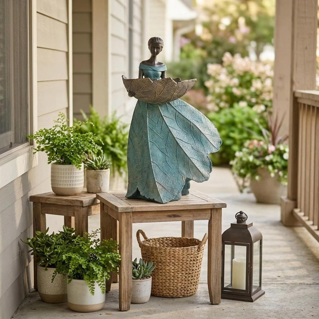 DiliComing Fairy Garden Statues Bird Feeder - 12 Inch Outdoor Fairy Statue | Resin Garden Decor, Decorative Patio Yard