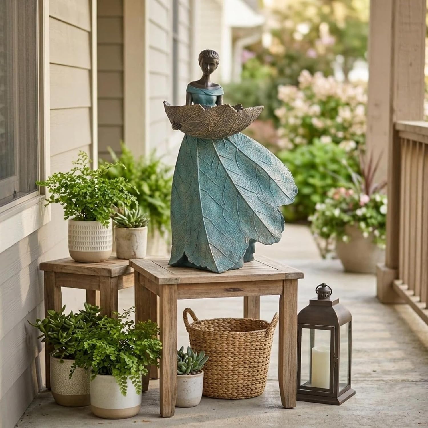 DiliComing Fairy Garden Statues Bird Feeder - 12 Inch Outdoor Fairy Statue | Resin Garden Decor, Decorative Patio Yard