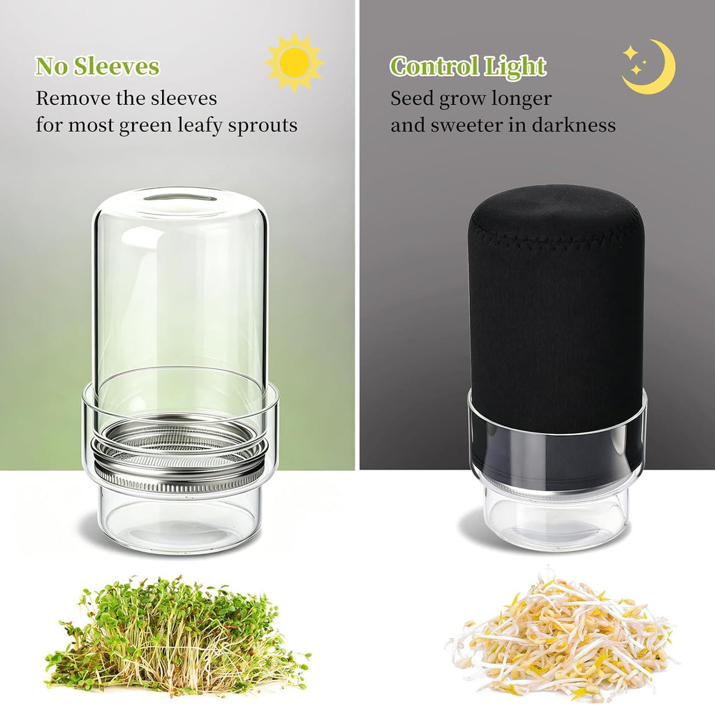 Sprouting Kit, 2 Wide Mouth Sprouting Jar with Stainless Steel Screen Sprout Lids, Blackout Sleeves, Drain Cover