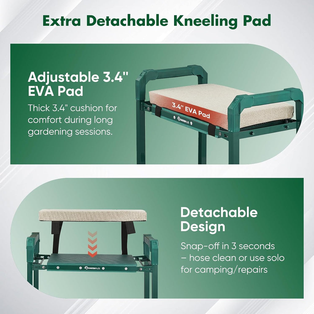 SakerPlus Garden Kneeler and Seat, Heavy Duty Foldable Garden Stool | 10-inch thickened pad, 400 lb support, extendable