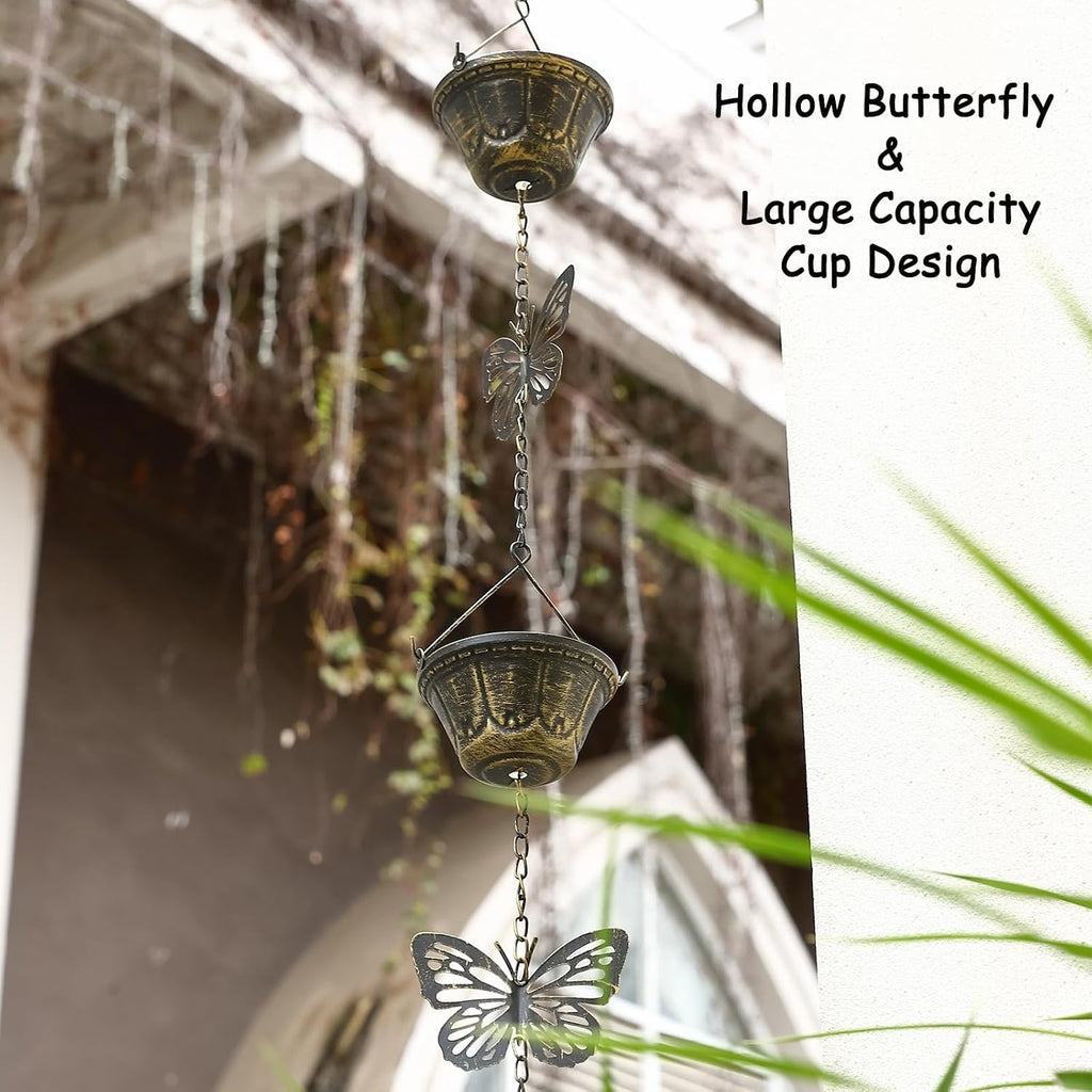 8.5FT Rain Chains for Gutters Downspouts, Butterfly and Cup Rain Gutter Chain | Functional and Decorative Replacement