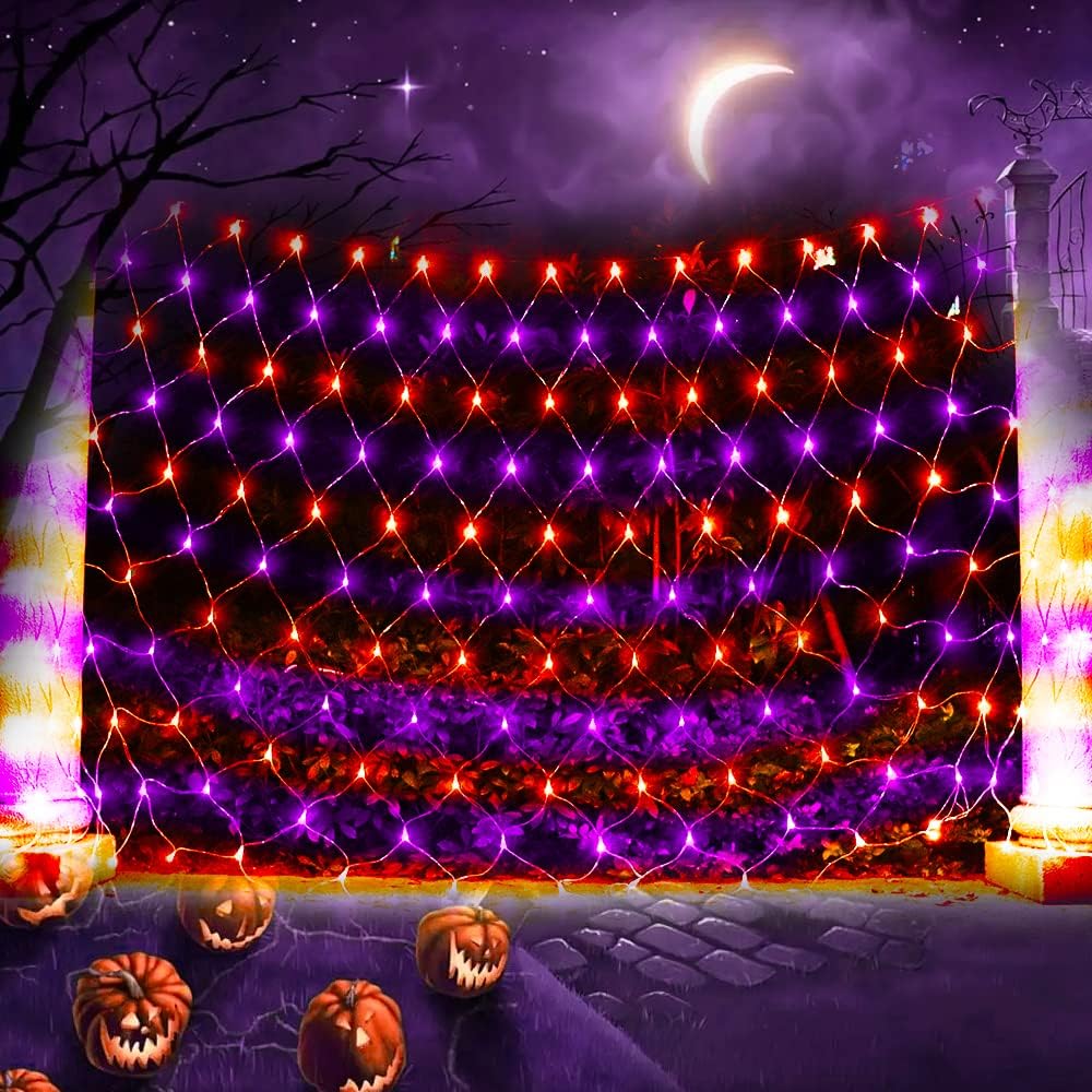 Net Light Outdoor Mesh Christmas Decorations, 100LED String Light Plug in Connectable Tree Warp Hanging 5ft x 5ft for Halloween, Shrubs, Lawn, Backyard, Walkway, Bushes, Garden Decor-Orange&Purple