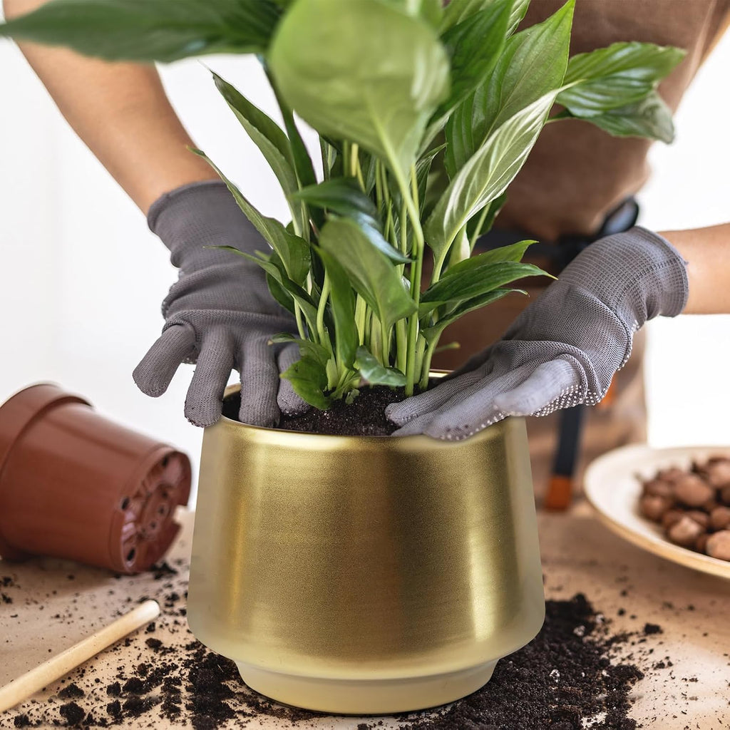 Gold Indoor Plant Pot 7 Inch Large Ceramic Planter With Drainage Hole - Modern Brass Flower Pot Centerpiece Vase