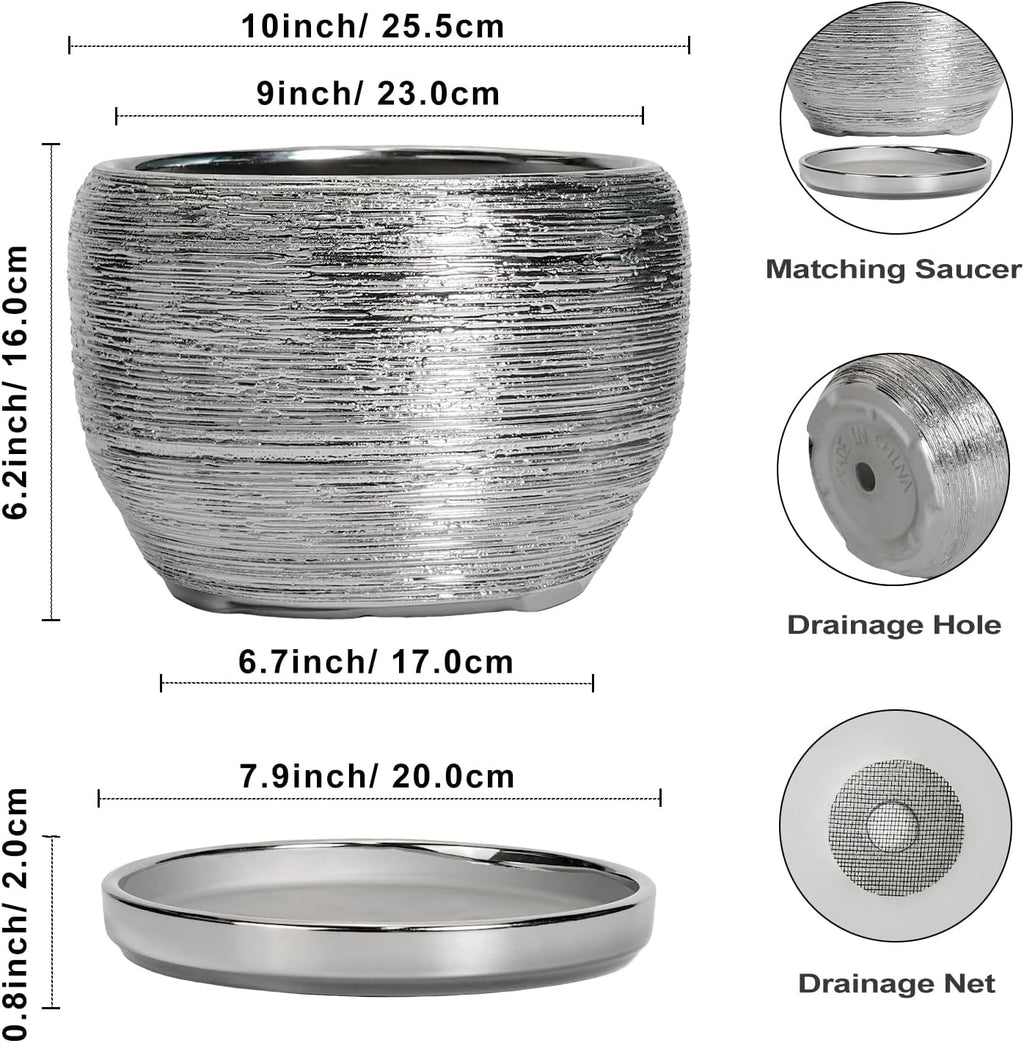 SQOWL Ceramic Pot for Plants - 10 Inch Planter Indoor, Round Large Planter Outdoor with Drainage Hole and Plant Saucer