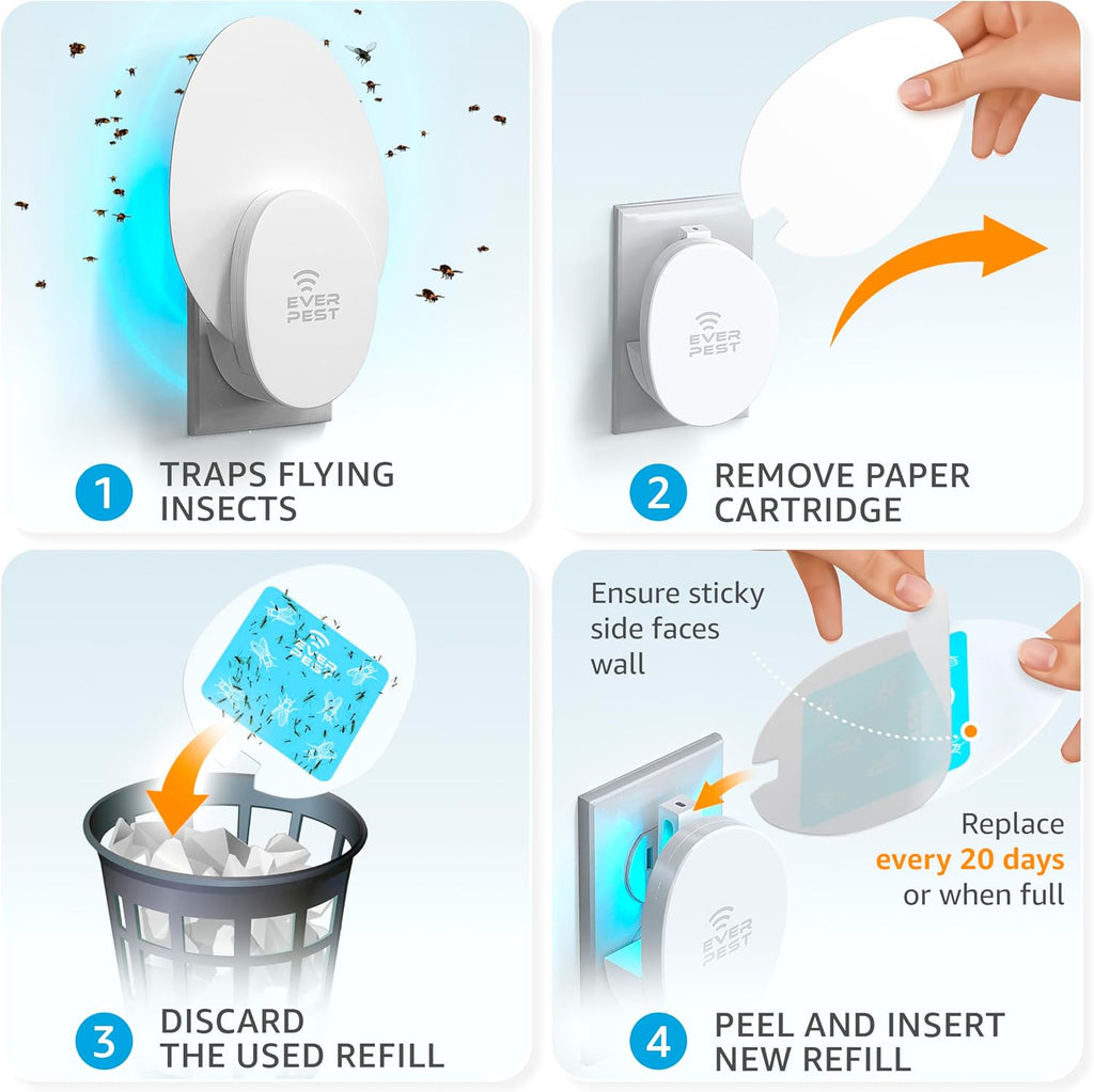 Indoor Electric Fly Trap (2-Pack) – Plug-in Insect Catcher with 4 Glue Cards for Fruit Flies, Gnats, Moths & Mosquitoes