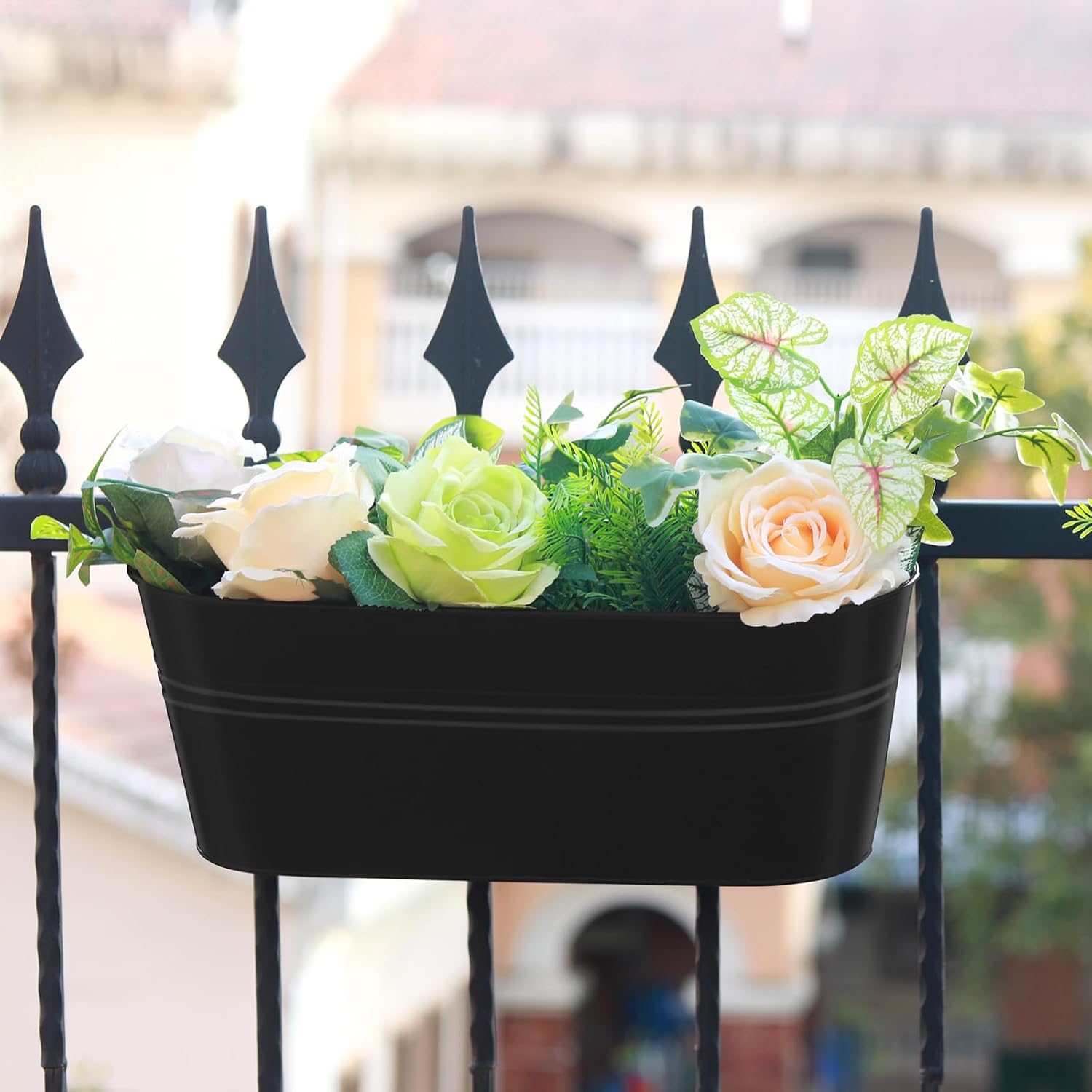 Railing Planter Box 16 Inch Metal Balcony Planters with Adjustable Brackets and Drainage Window Balcony Fence Deck